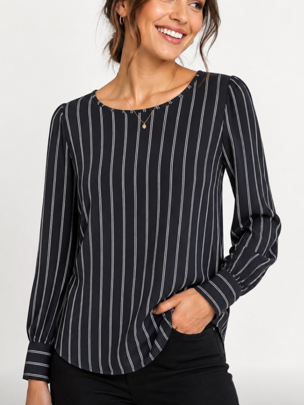 NWT Ann Taylor Black & White Pinstripe Long-Sleeve Blouse - Top L